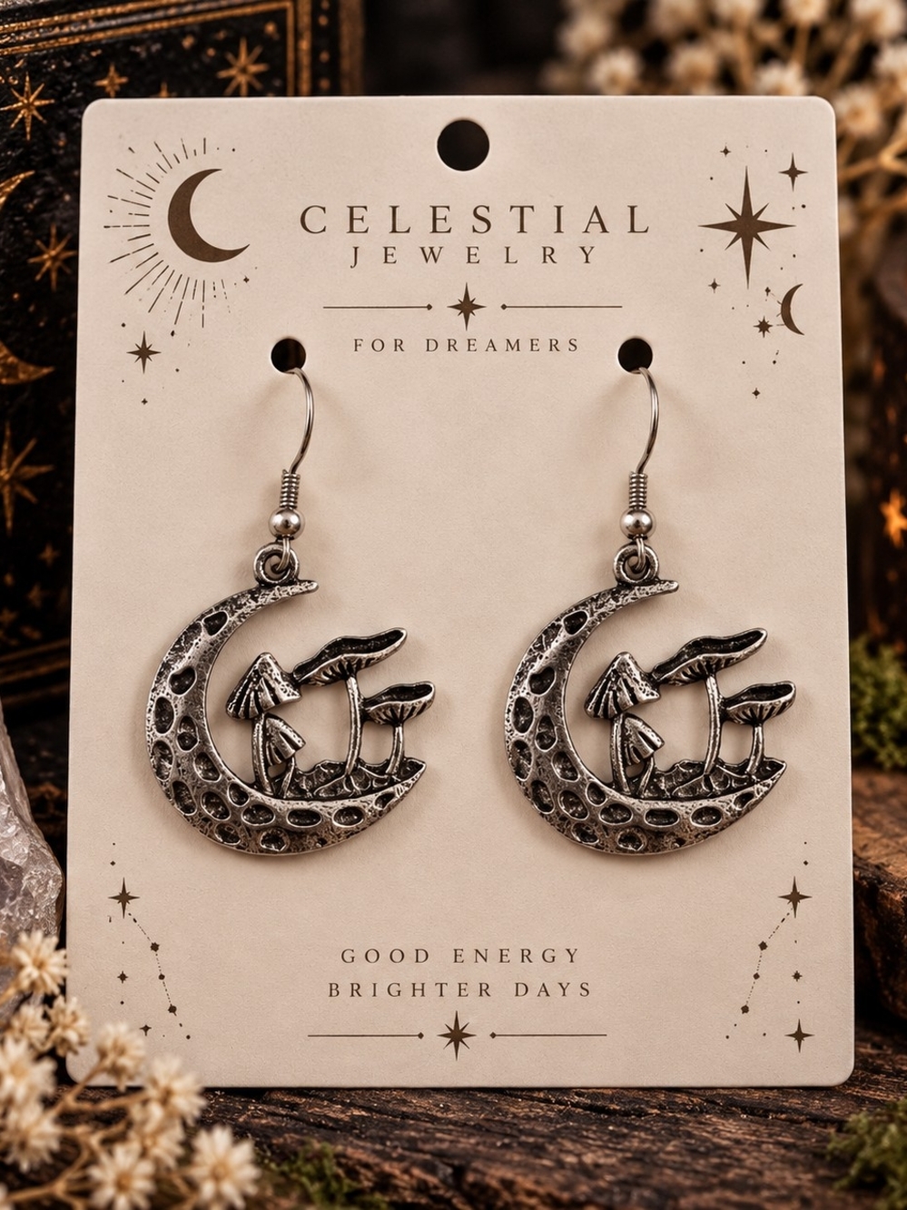 Silver Metal Crescent Moon & Mushroom Dangle Drop Earrings New